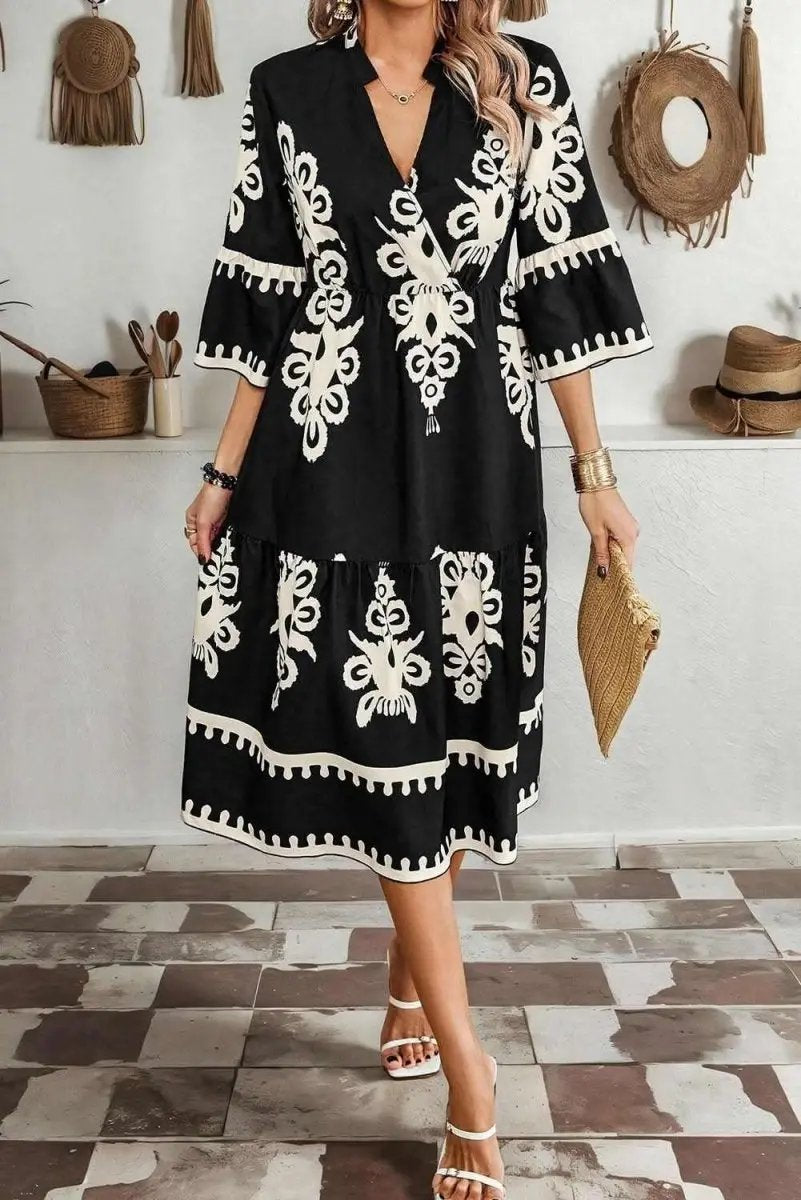 Black Western Geometric Print 3/4 Sleeve Loose Midi Dress - Love Salve